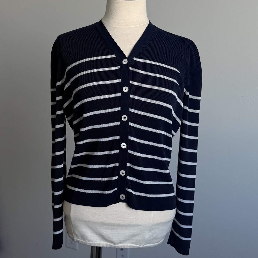 Lauren Ralph Lauren Blue/White Stripe Silk Cardigan  Nautical Boat  Old Money